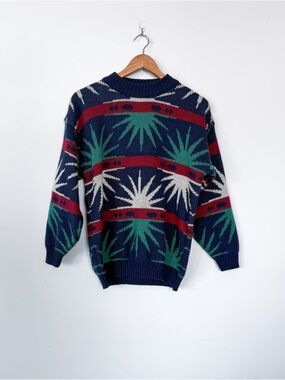 EDebe Mens Vintage 80s Geometric Sunburst Knit Sweater M Navy Red Green Ski